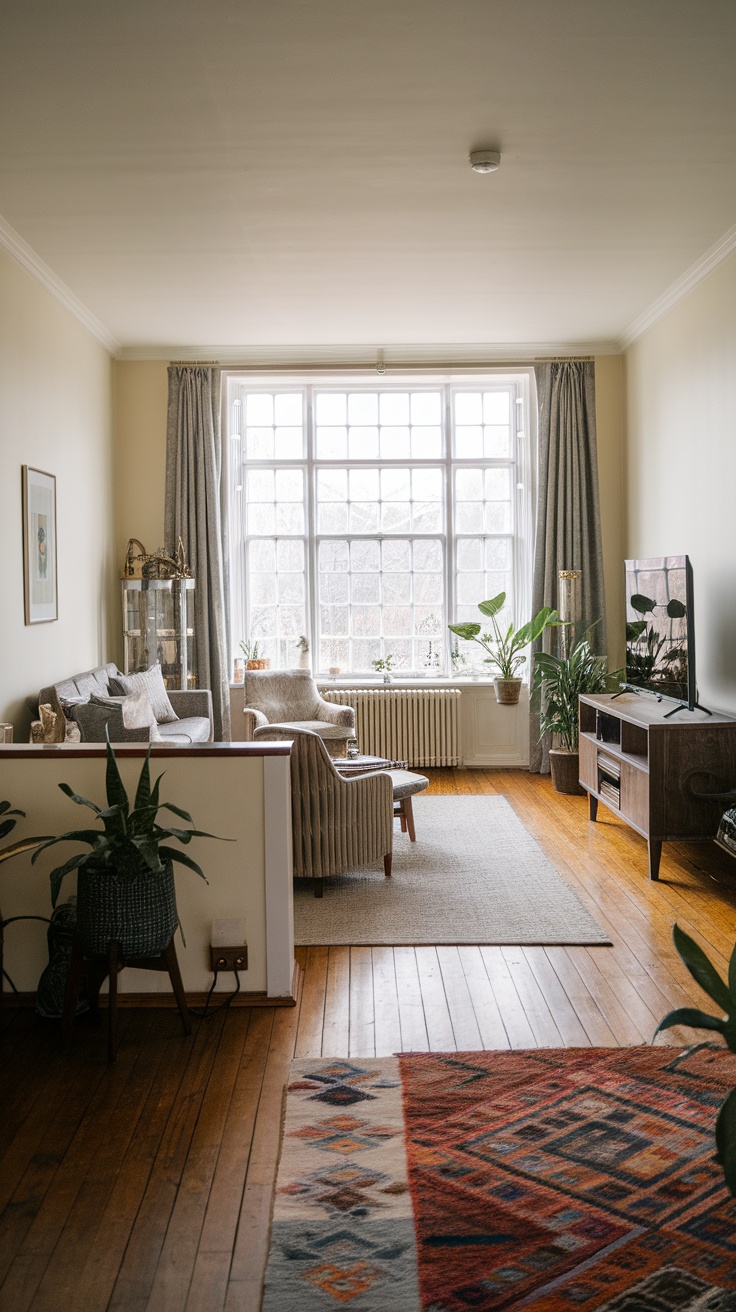 A cozy living room layout with defined zones, featuring a seating area with plants, a TV stand, and large windows.