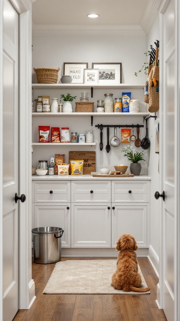A walk-in pantry featuring organized shelves with pet food, a cozy mat, and a dog sitting in front of the food station.
