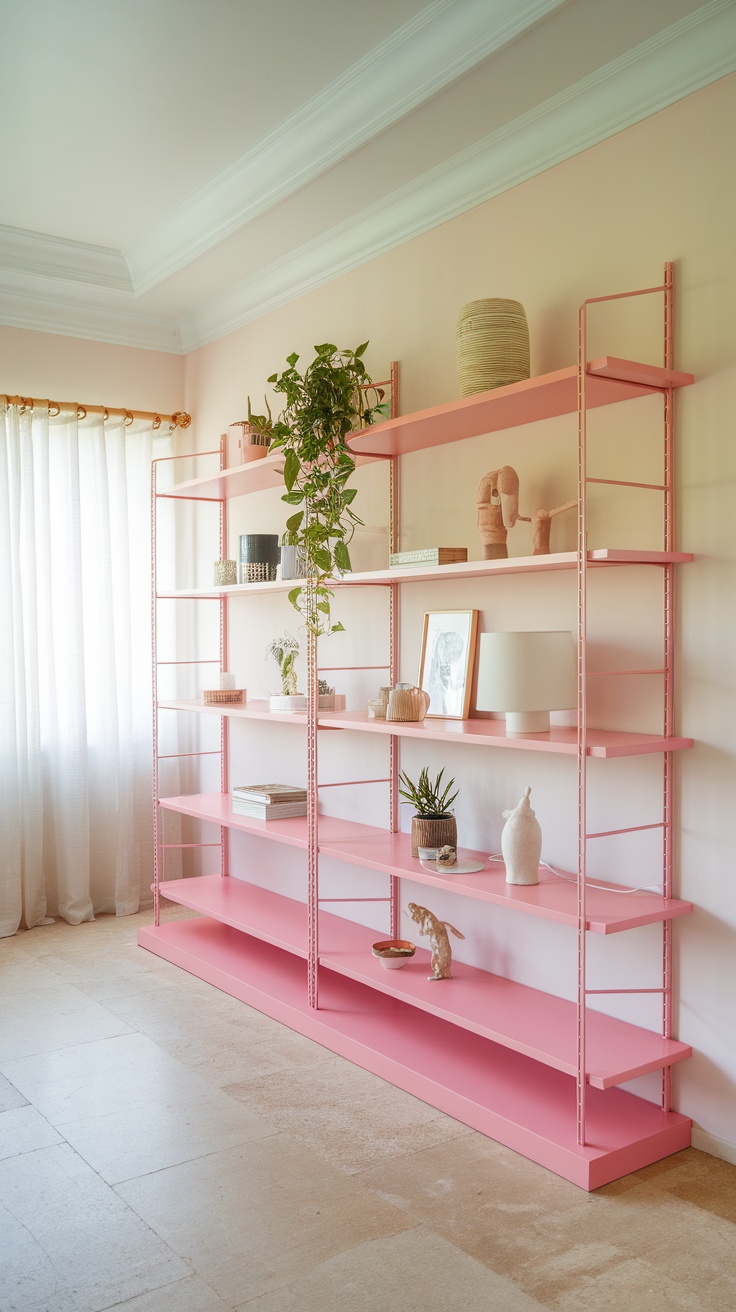 Colorful painted Ikea Ivar shelves with decorative items and plants