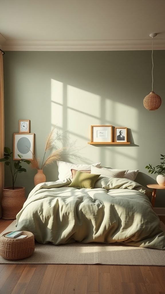 A serene bedroom featuring earthy sage green walls, a cozy bed, and natural decor elements.