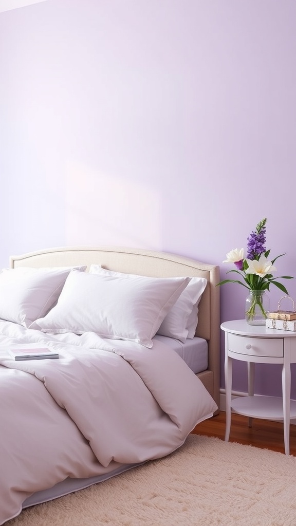 A cozy bedroom with gentle lavender walls, soft bedding, and a small table with flowers.