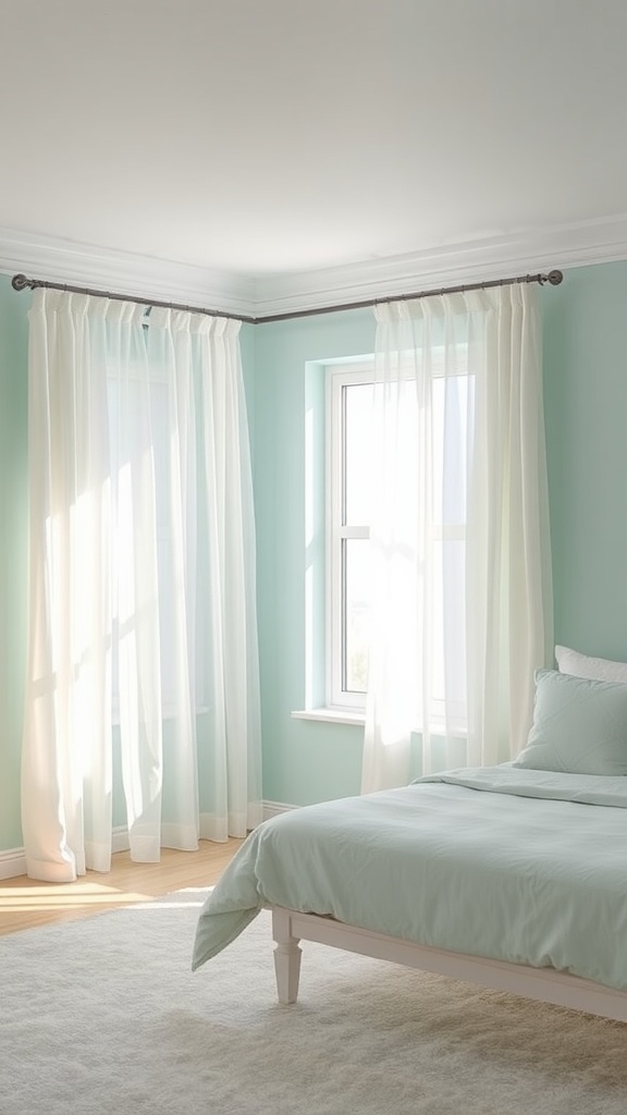 A serene bedroom painted in light aqua with curtains and a bed.