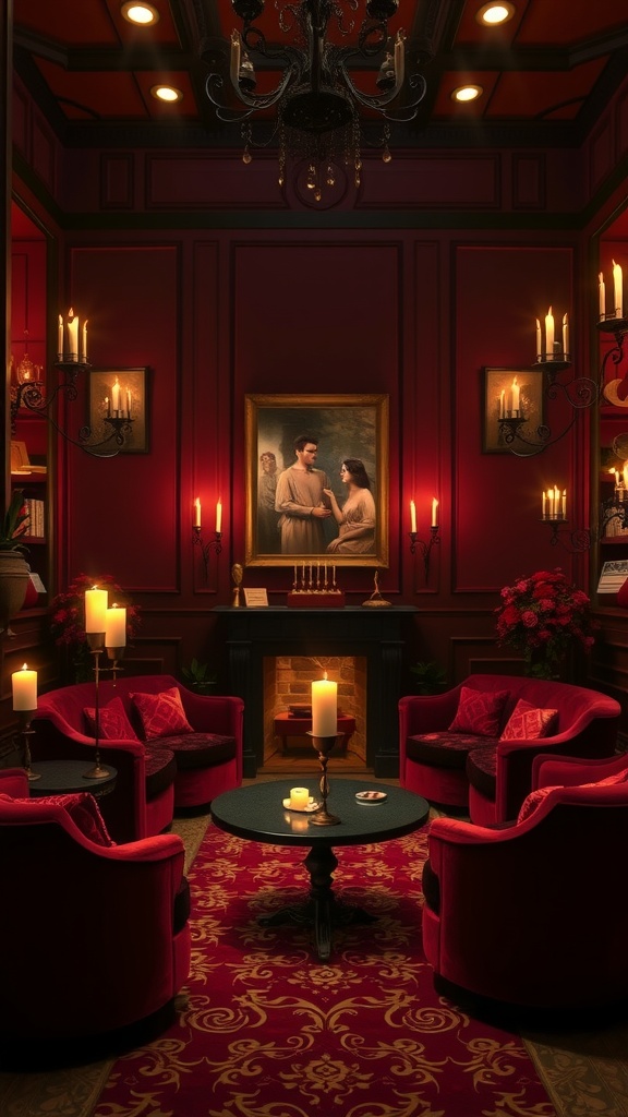 A romantic bedroom featuring rich burgundy walls and elegant decor.