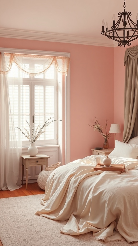Cozy bedroom with soft blush pink walls and neutral decor
