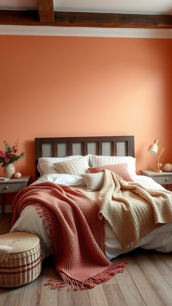 A cozy bedroom with soft peach walls and warm textiles.