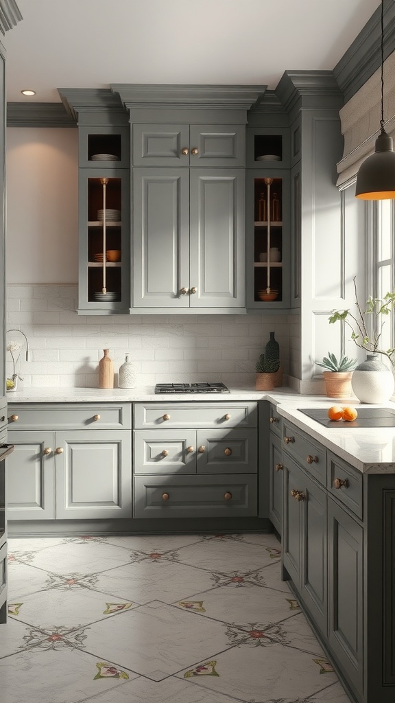 A modern kitchen featuring subtle gray cabinets and dusty rose accents, with patterned flooring and natural light.