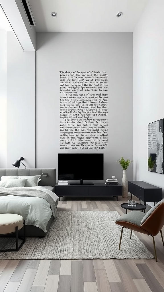 A modern bedroom featuring silver gray walls, a stylish bed, and minimalist decor.