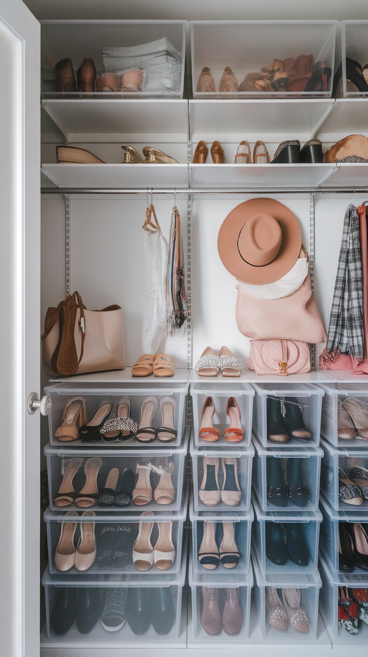 A well-organized walk-in closet featuring clear storage bins filled with various stylish shoes.