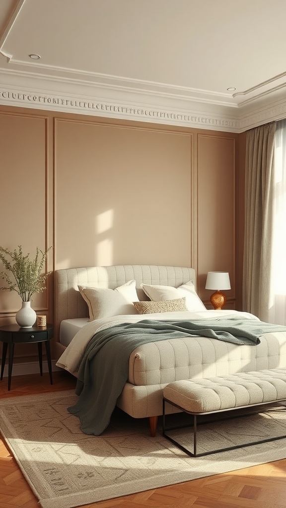A beautifully designed bedroom with warm taupe walls and cozy furnishings.